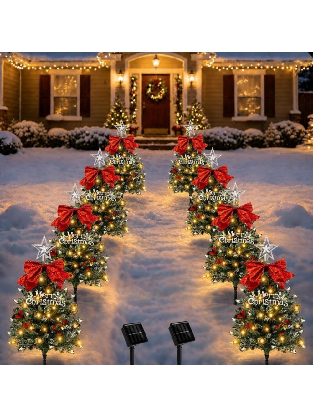 Christmas Tree Solar Pathway Lights Outdoor Decor, 8 Pack, Snowy